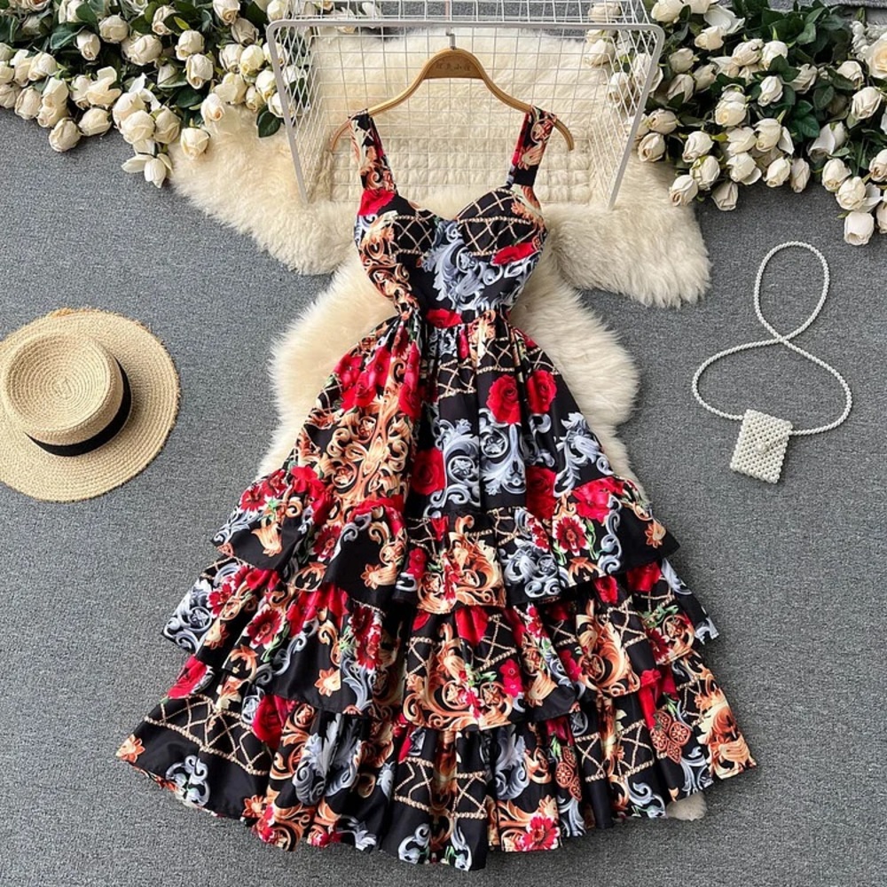 Floral Baroque Tiered Midi Dress in Black and Red